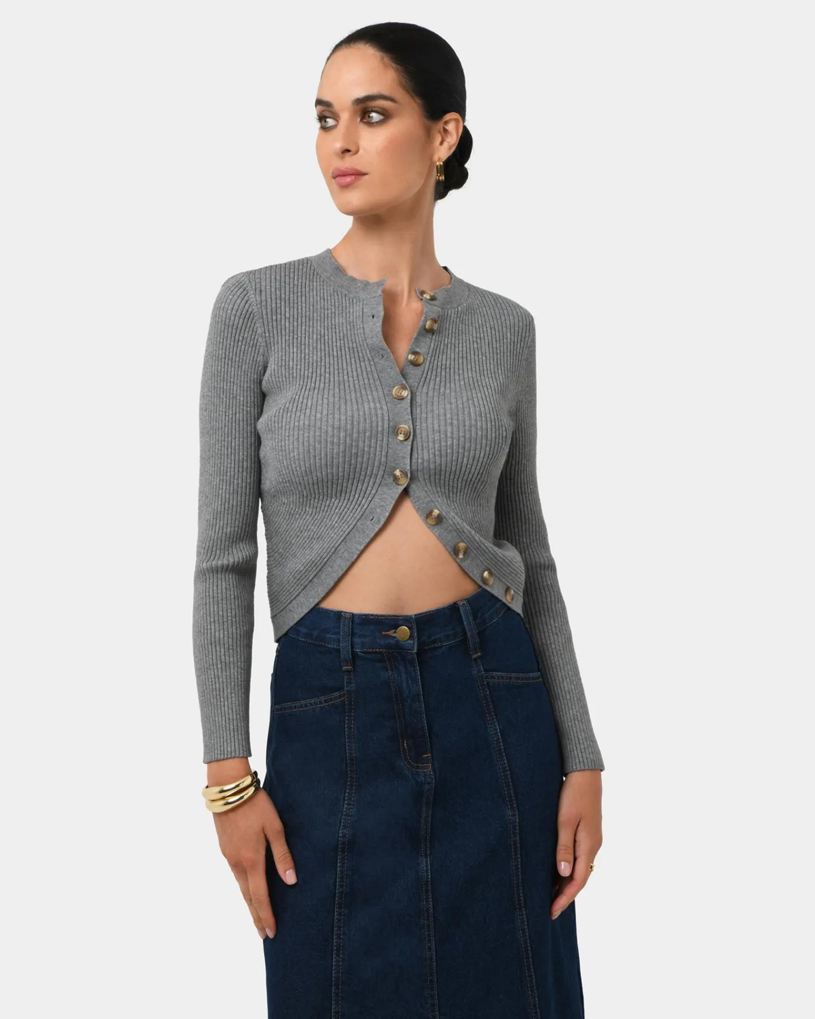 Forcast Abaya Button Crop Knit* T-Shirts & Tops|Long Sleeve Tops