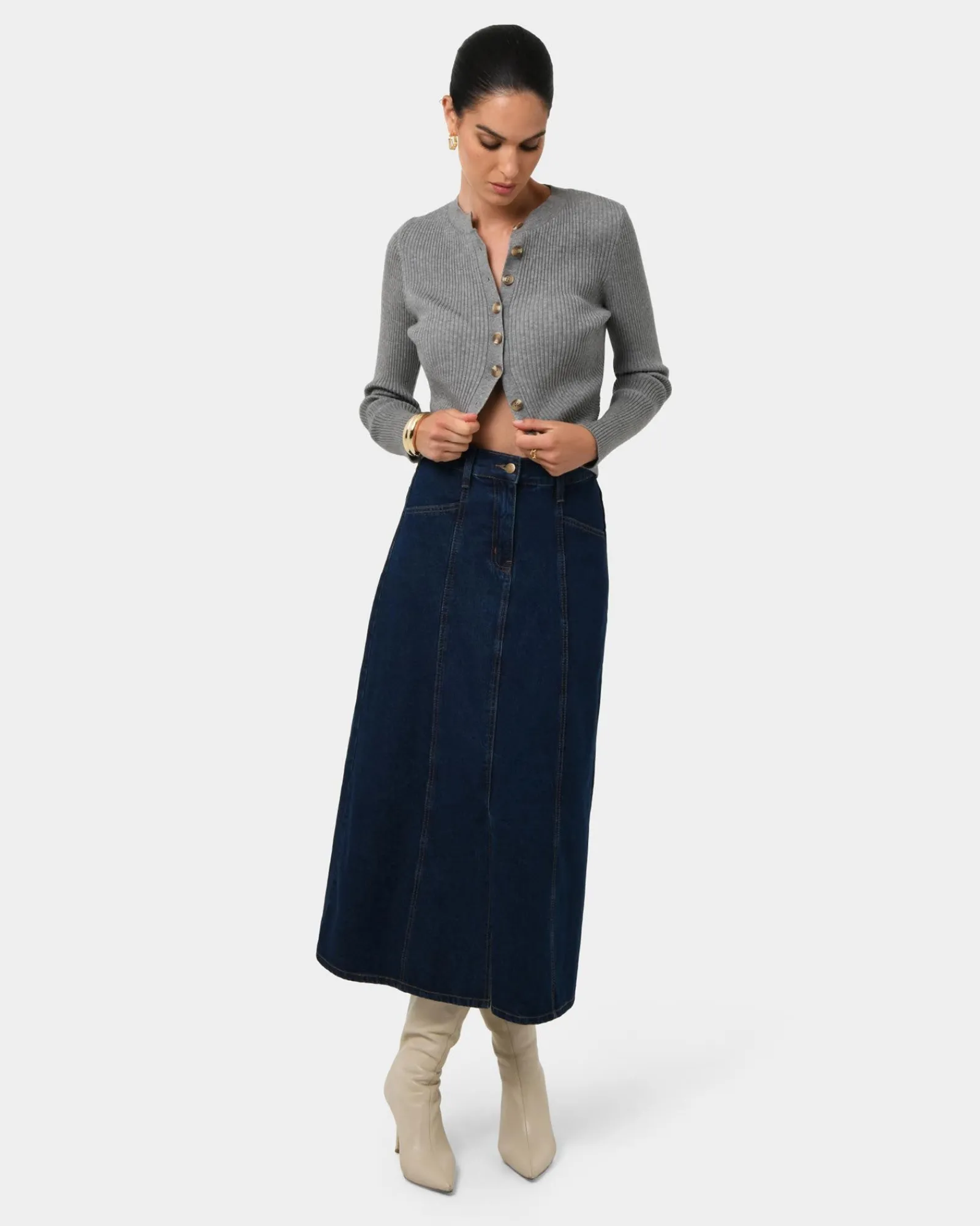 Forcast Abaya Button Crop Knit* T-Shirts & Tops|Long Sleeve Tops