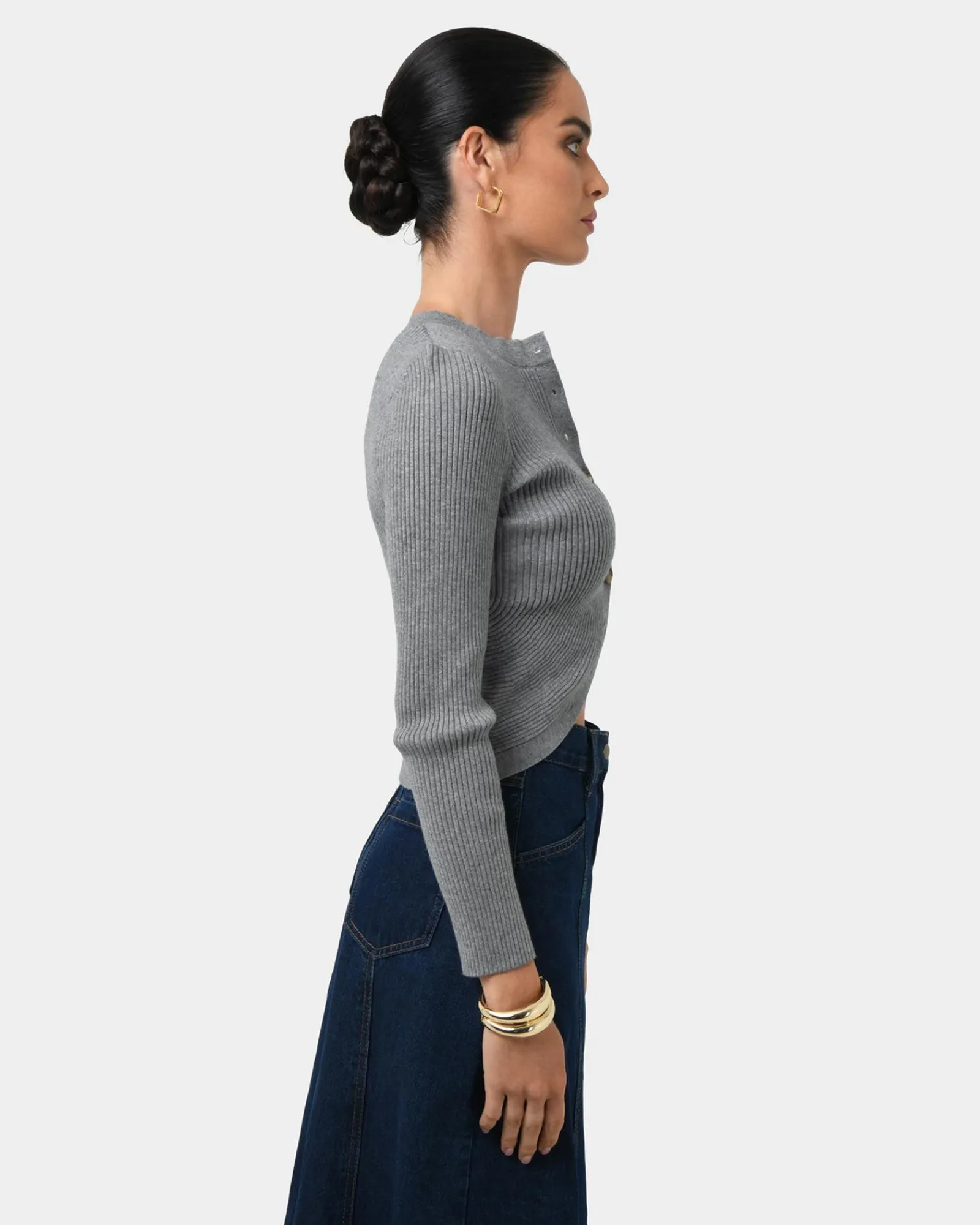 Forcast Abaya Button Crop Knit* T-Shirts & Tops|Long Sleeve Tops