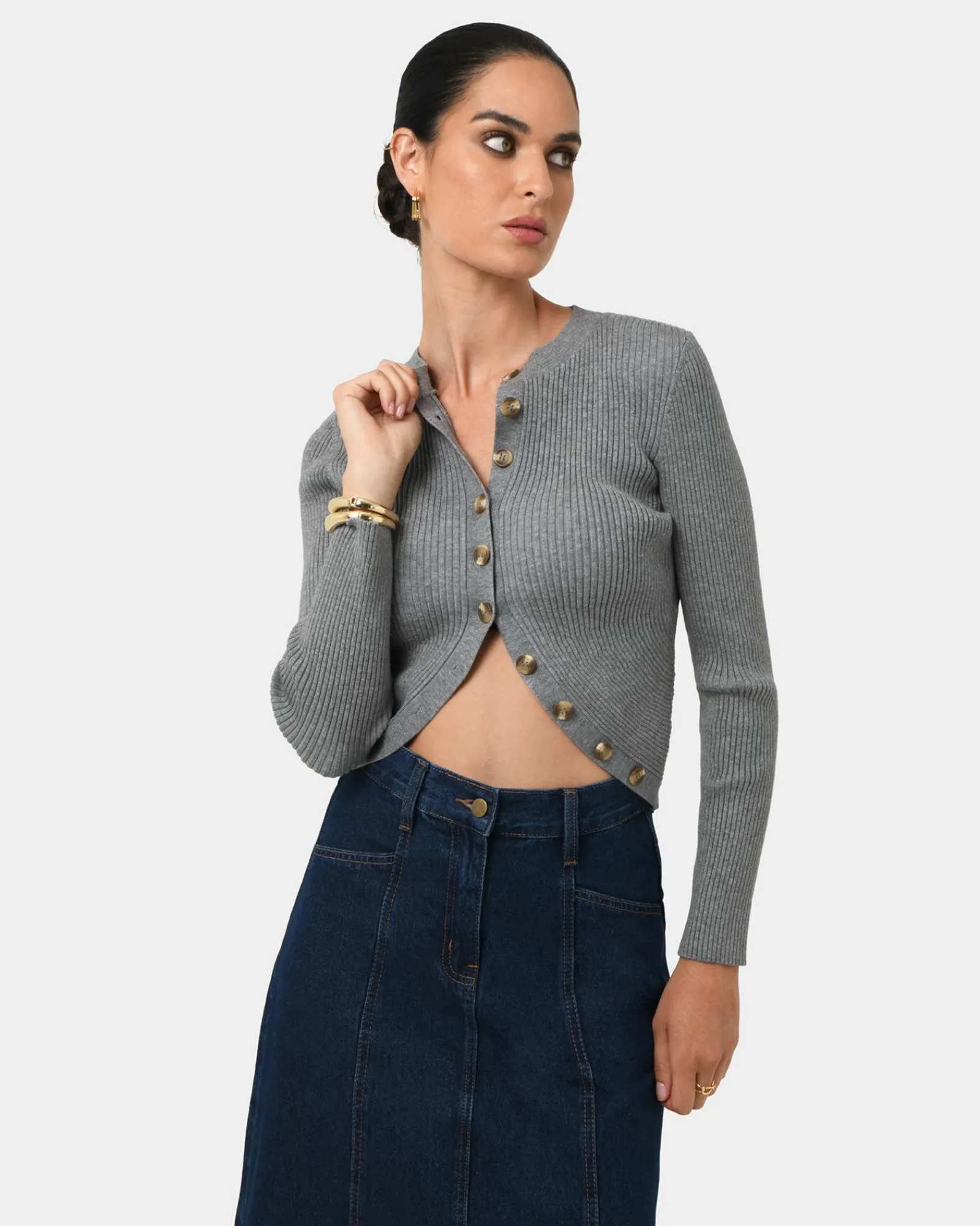 Forcast Abaya Button Crop Knit* T-Shirts & Tops|Long Sleeve Tops