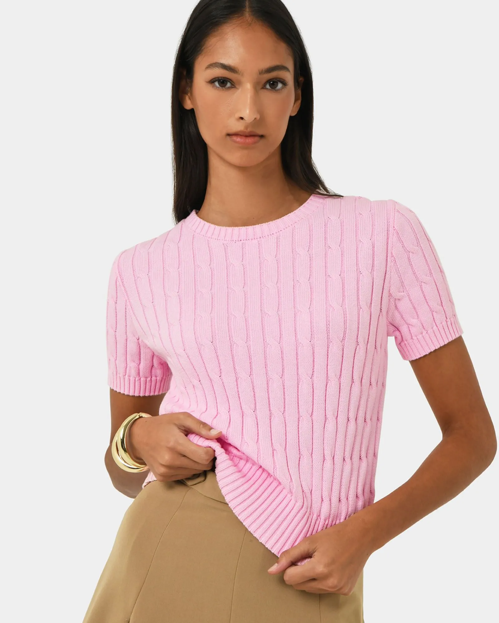 Forcast Anita Short Sleeve Cable Knit* Work Tops|Basic Tops