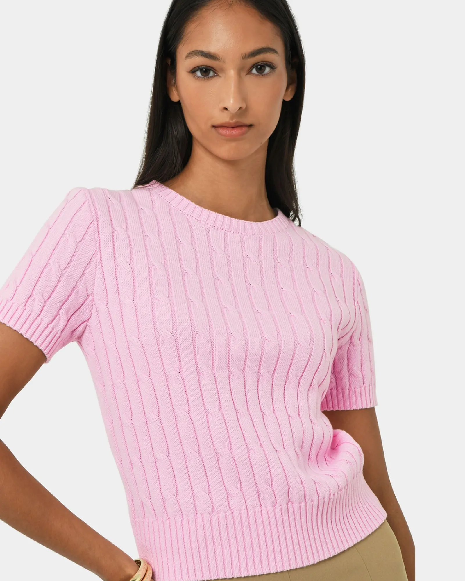 Forcast Anita Short Sleeve Cable Knit* Work Tops|Basic Tops