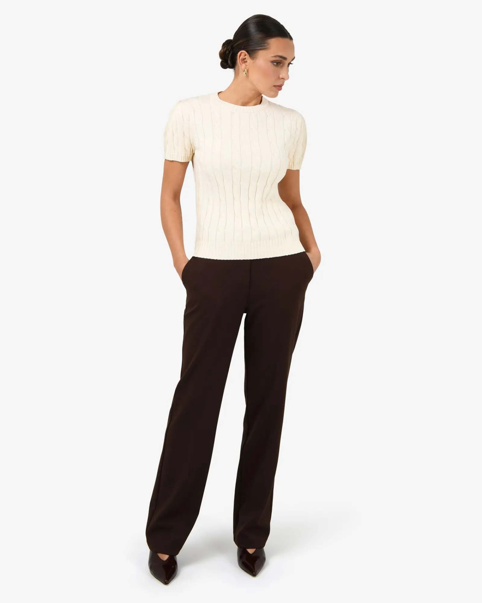 Forcast Berry Puff Sleeve Cable Knit* T-Shirts & Tops|Work Tops