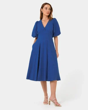 Forcast Iris Puff Sleeve Midi Dress* Conscious|Midi Dresses