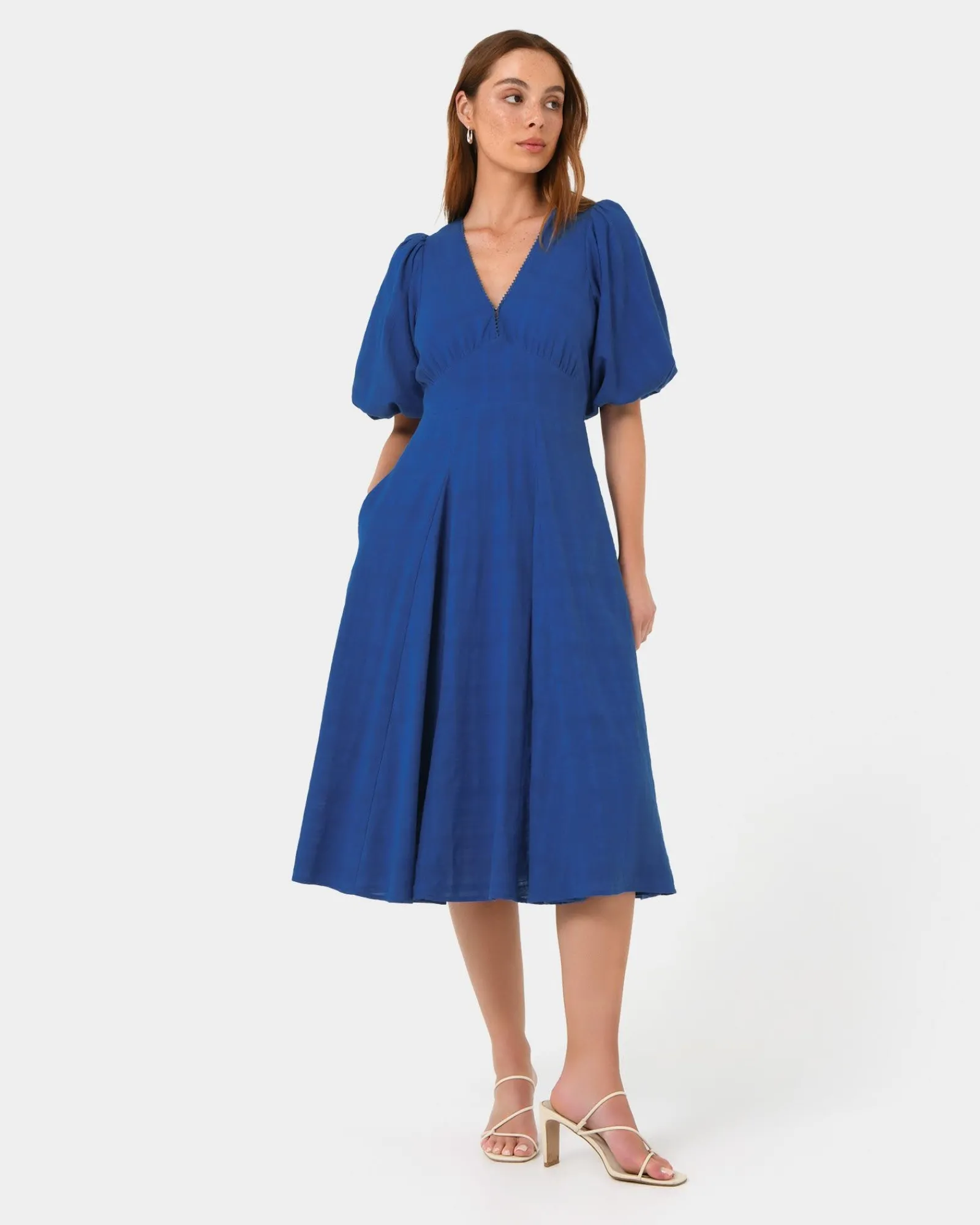 Forcast Iris Puff Sleeve Midi Dress* Conscious|Midi Dresses