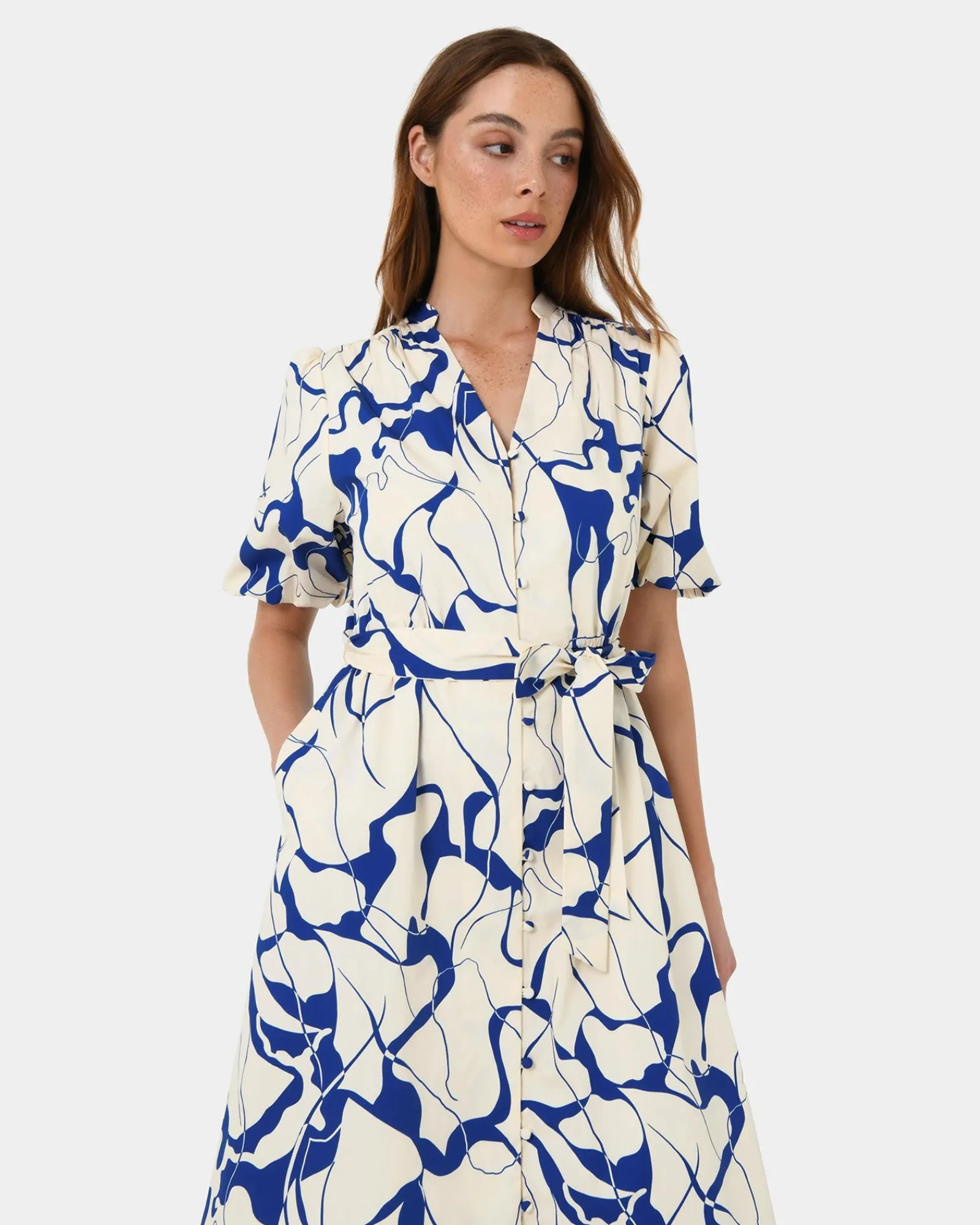 Forcast Jayleen Puff Sleeve Tie Dress* Conscious|Midi Dresses