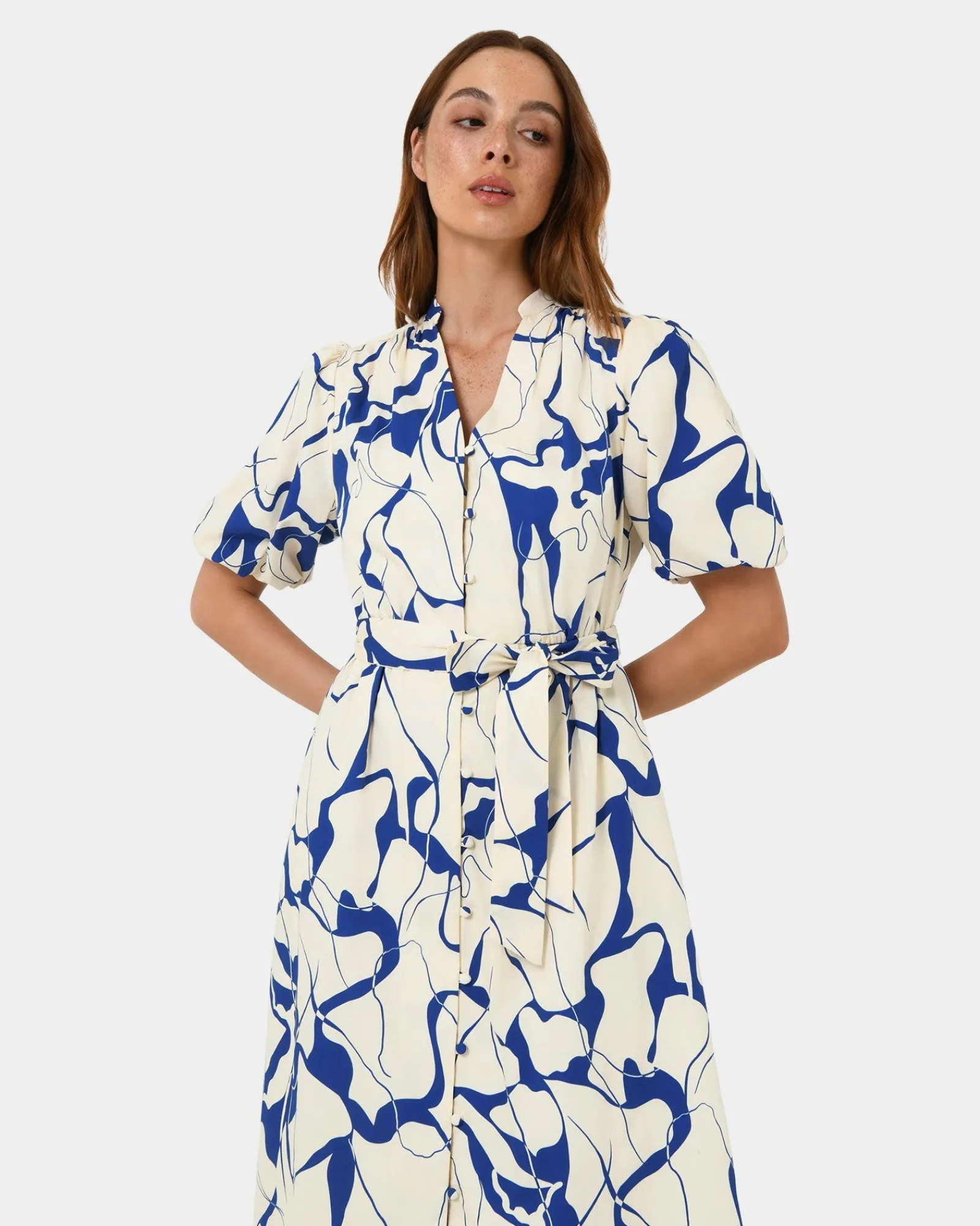 Forcast Jayleen Puff Sleeve Tie Dress* Conscious|Midi Dresses